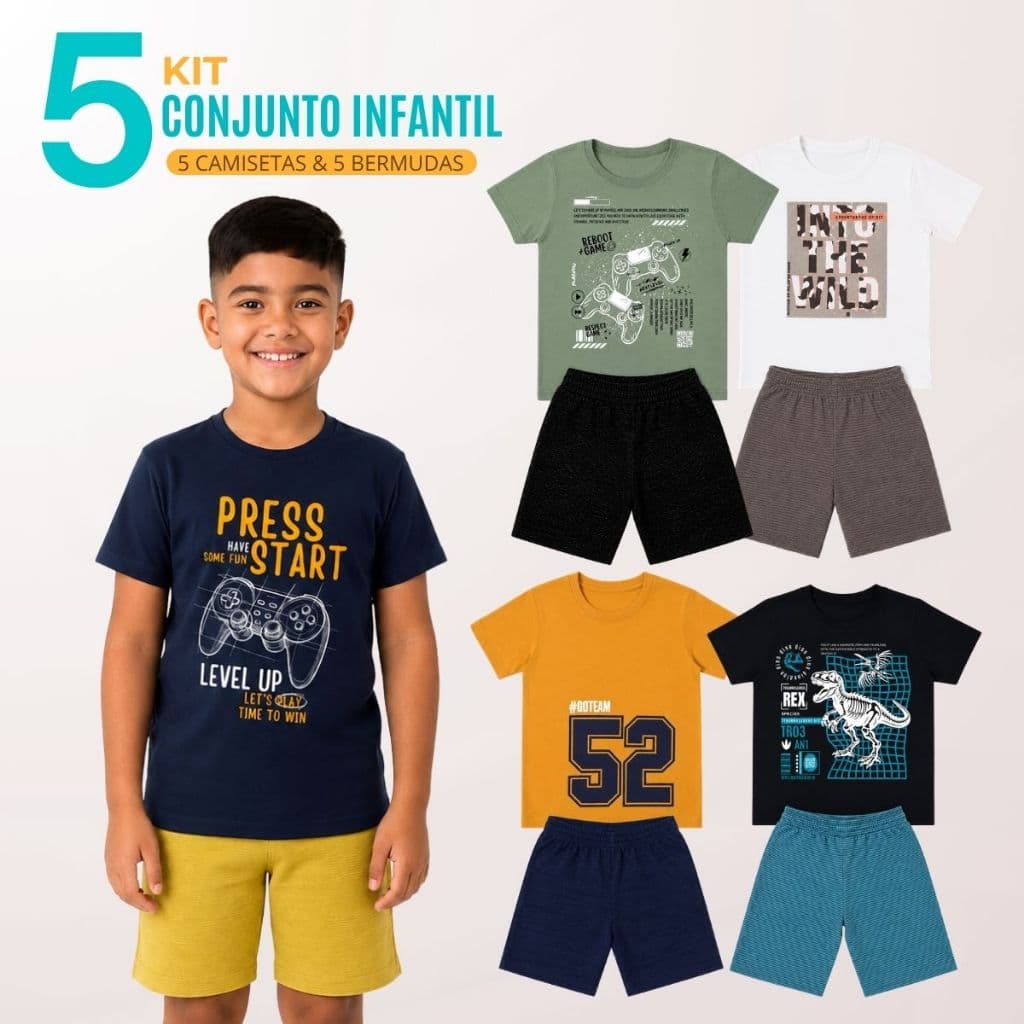 Kit 5 Conjunto Infantil Menino 5 Camisetas + 5 Bermudas