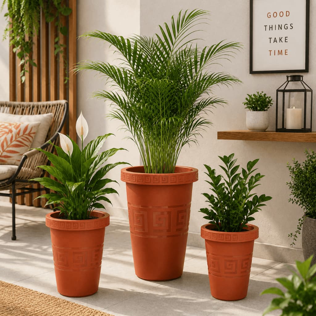 Kit 3 Vasos para Plantas Alto Coluna Redondo Detalhe Grego Decoração Casa