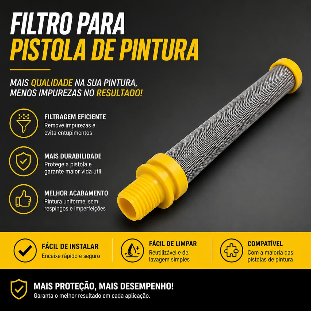 Filtro Peneira Amarelo Para Pistola de Pintura Airless Universal Malha 100 de Inox Resistente
