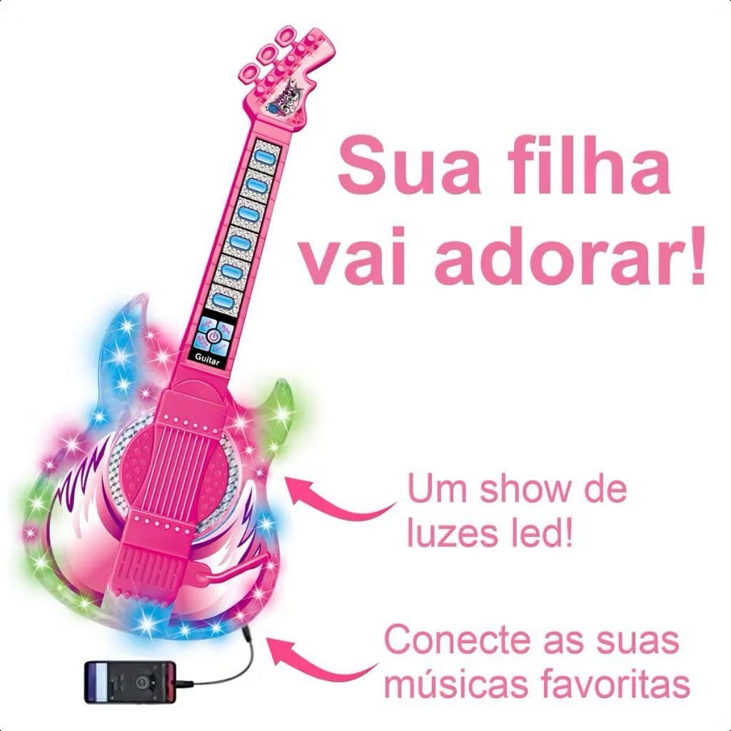 Guitarra Infantil Pop Star Rosa com Óculos com Microfone e Conexão para Celular – Para Pequenas Estrelas do Rock!