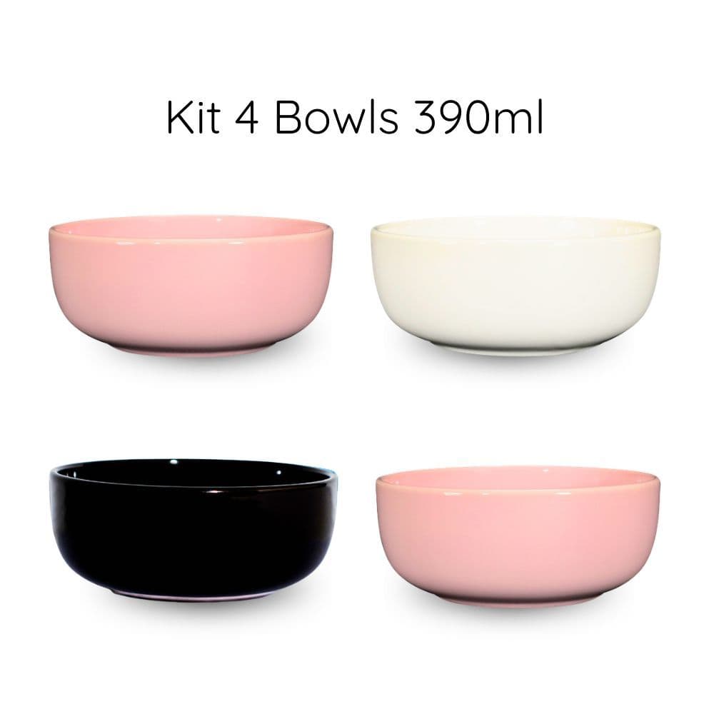 Kit 4 Bowls em Cerâmica 390ml | 3 Cores Sopas Caldos Sobremesas Mesa Posta