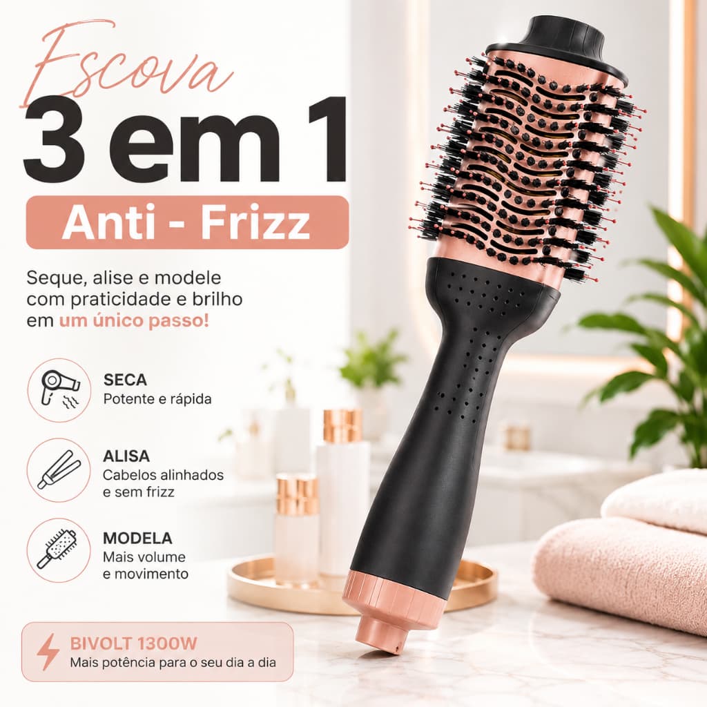 Escova Secadora e Modeladora Profissional 1300W | Cabelos Lisos e Sem Frizz Ergonômica Bivolt