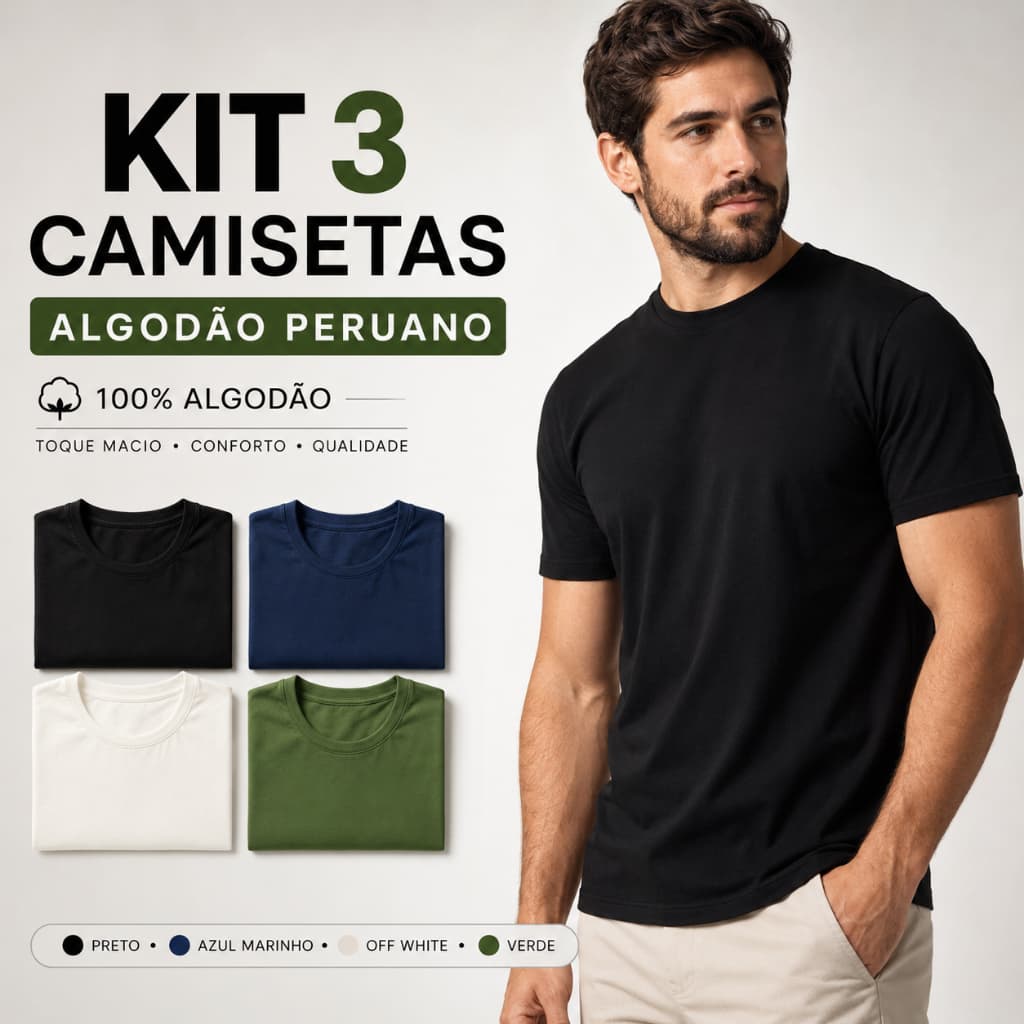Kit 3 Camiseta Cotton Masculina Lisa 100% Algodão Casual Premium