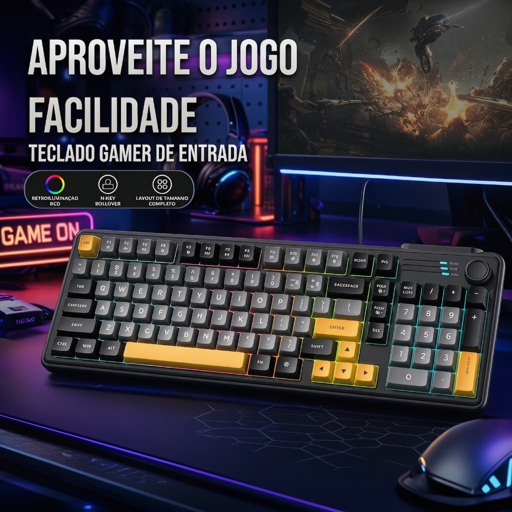 Teclado 98 Teclas RGB com Cabo, Silencioso e Ergonômico | Para PC e Notebook, perfeito para trabalho e games básicos