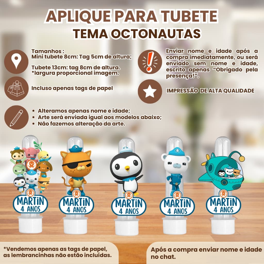 Apliques para Mini Tubete 8cm ou Tubete 13cm 3d Tema octonautas|Tag Personalizado com Nome e Idade aniversário
