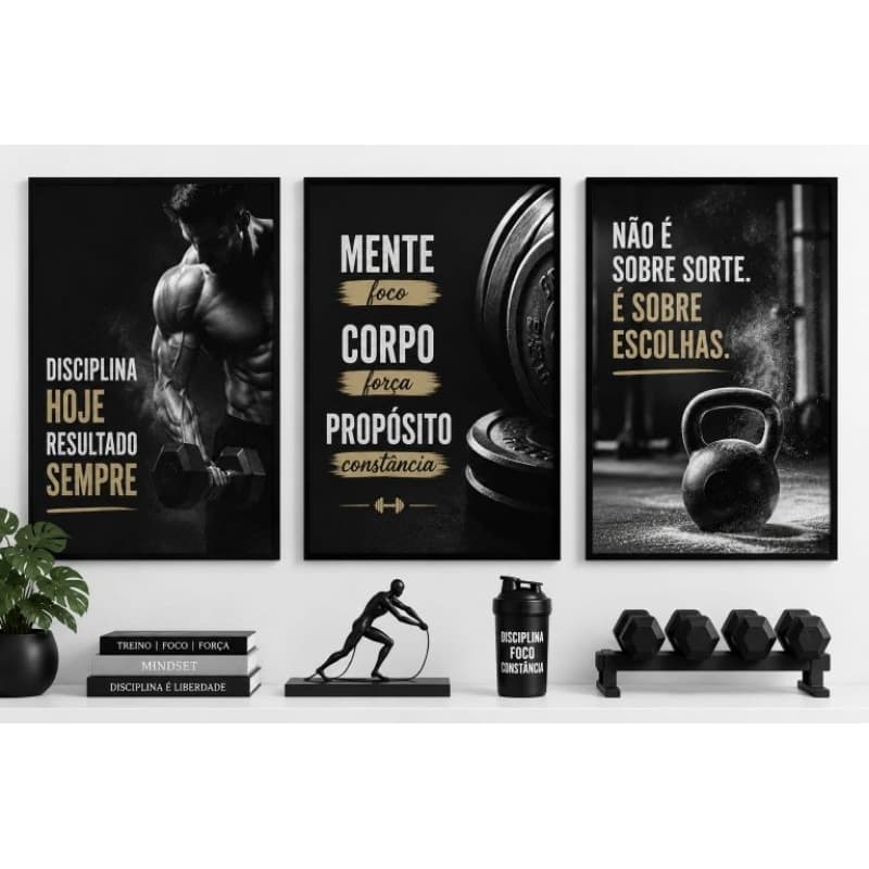 Quadro decorativo 3 peças academia frase motivacional fitness disciplina foco corpo