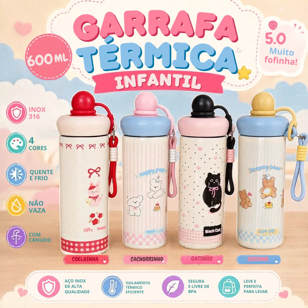 Garrafa Térmica Inox 500ml Kawaii Antivazamento com Canudo Alça e Abridor