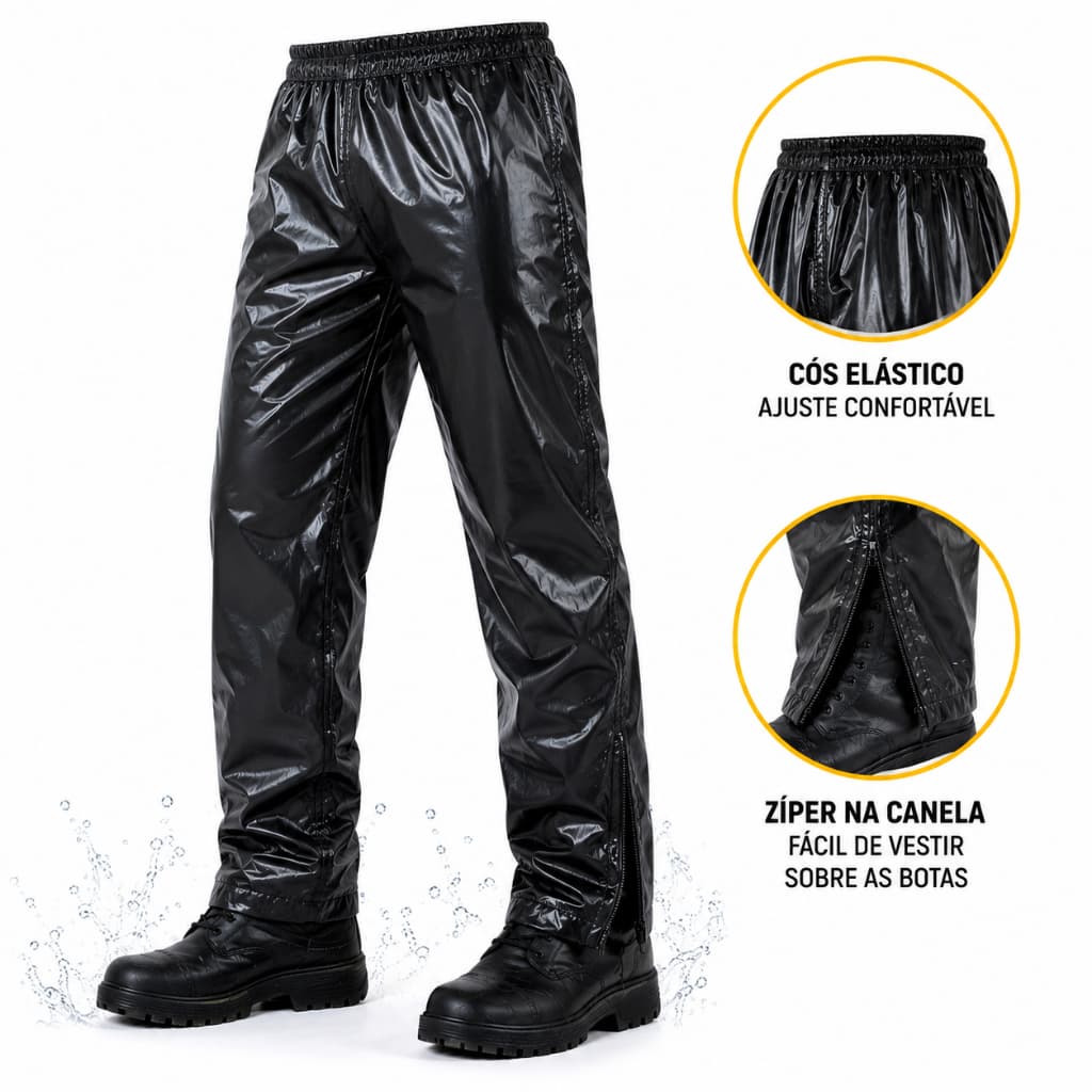 Calça De Chuva Moto Impermeável Motociclista Motoboy Entregador PVC Reforçado Com Zíper Preta