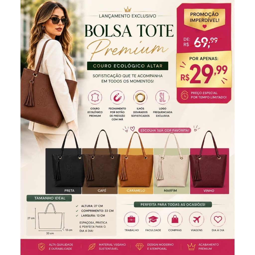 Bolsa Feminina Tote Premium Couro Ecológico Altar Grande Elegante Ombro Trabalho Luxo