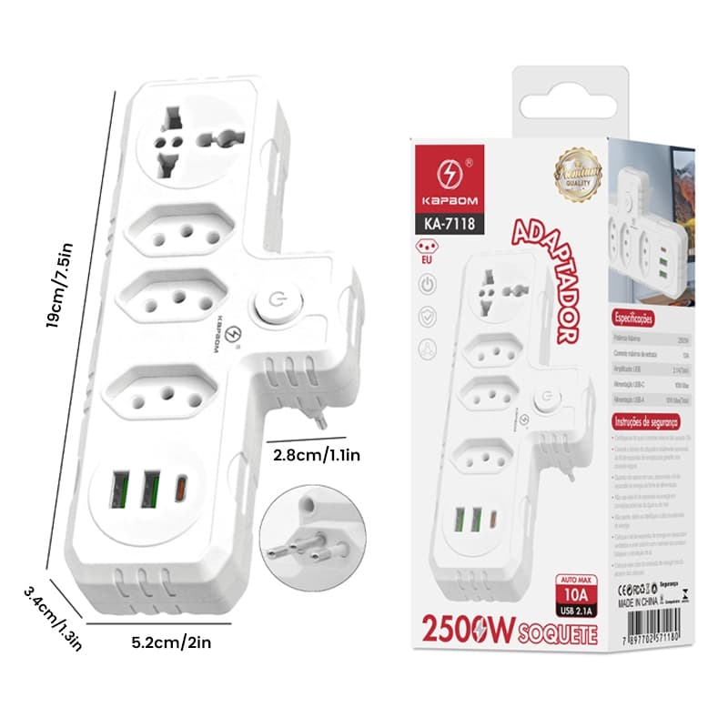 Extensão Elétrica Régua Tomadas USB Bivolt 110 220 Universal Tripolar 10A Seguro 2 Metros Cabo