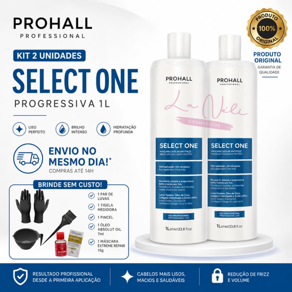 Kit 2 Progressiva Prohall Select One 1L Original Sem Formol Alinhamento Capilar Antifrizz + Brindes