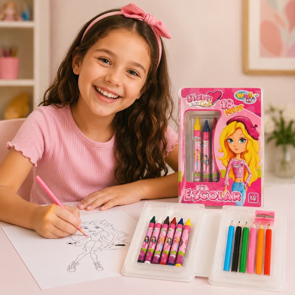 Estojo Escolar Infantil Glam Girl 18 Peças | Kit Criativo para Desenhar, Pintar e Organizar Materiais