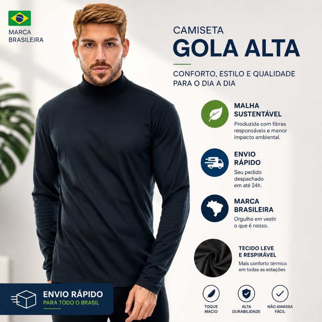 Camiseta Role Manga Longa com Gola Alta em Malha