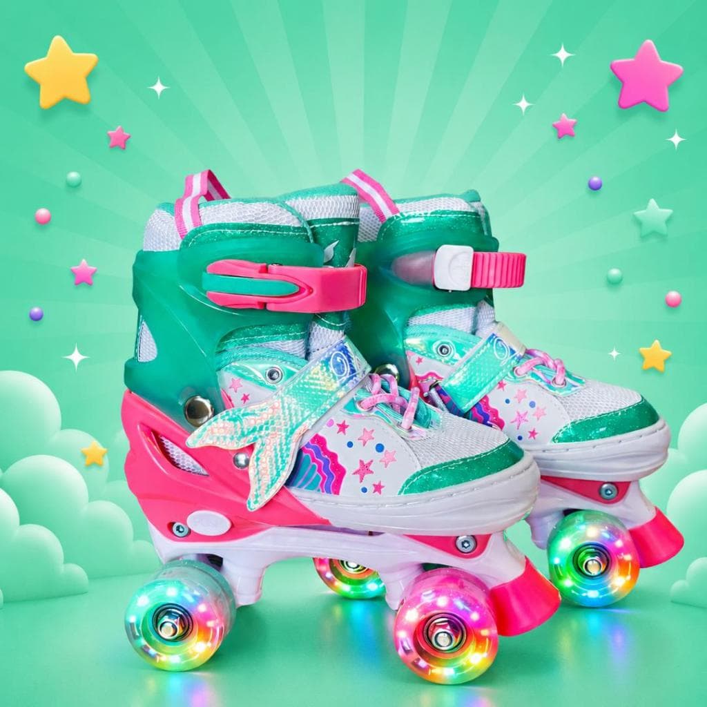 Patins Sereia Quad 4 Rodas Infantil Ajustável Regulável Com Rodinhas de Led + Bolsa