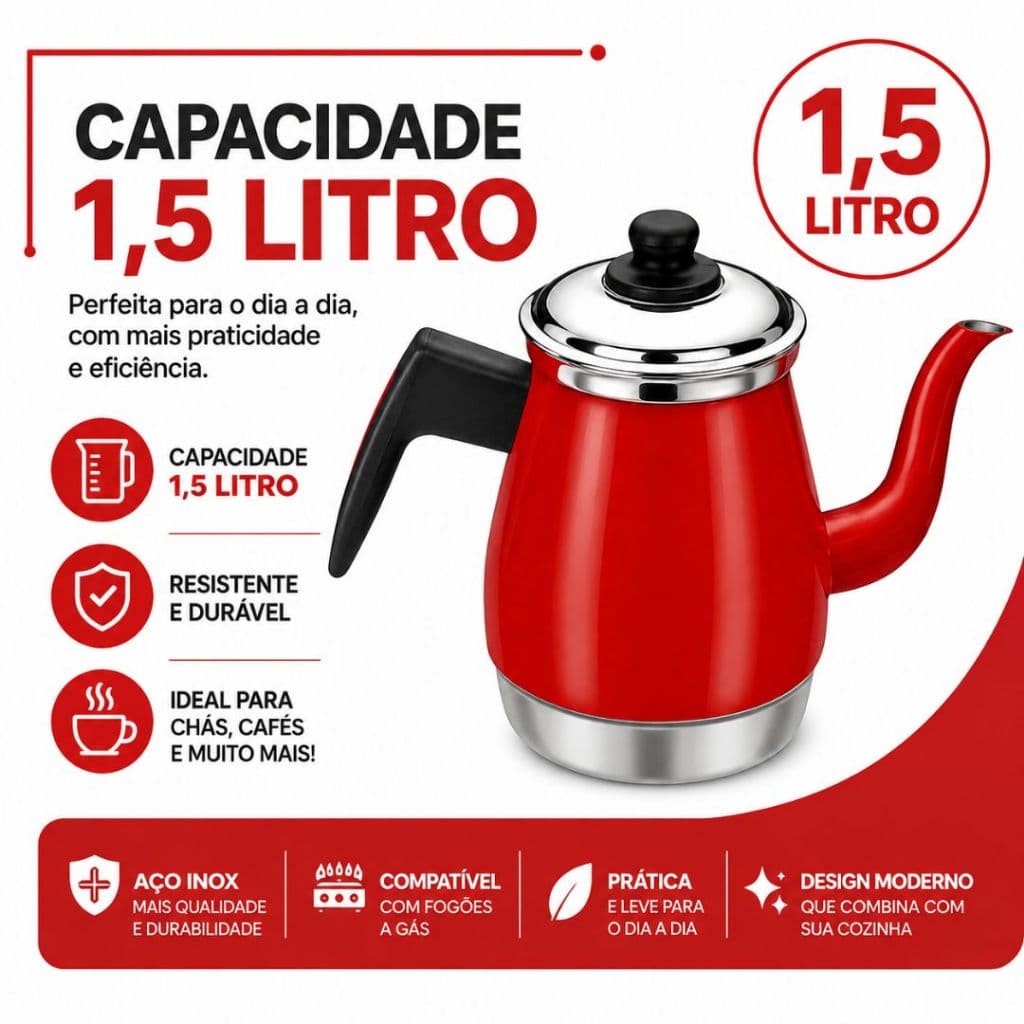 Bule Café, Chá e Leite Vermelho Alumínio Color 1,5 L