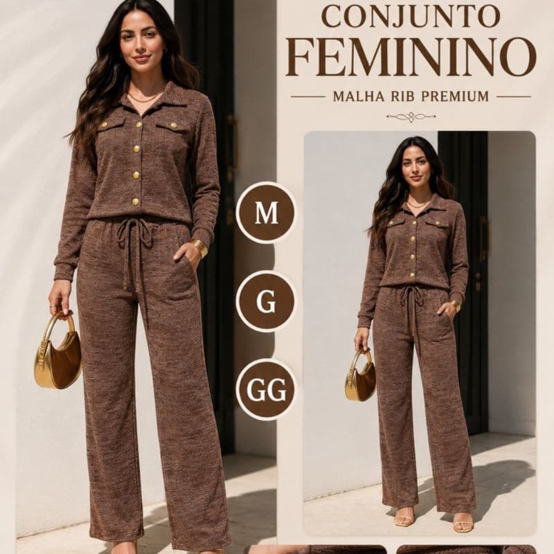 Conjunto Feminino Malha Rib Inverno 2 Peças Blusa Fechamento em Botões e Calça Pantalona com Bolso