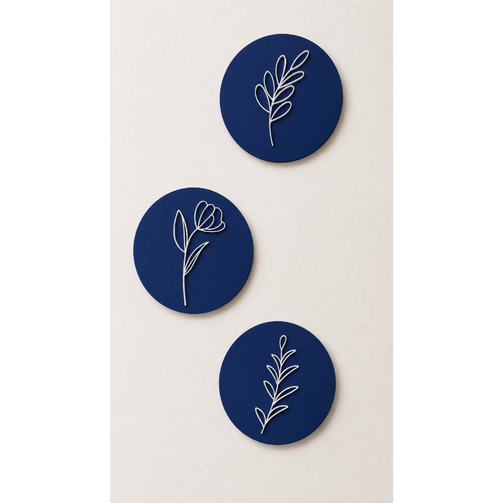 Trio Quadros Decorativos Redondos MDF 3mm Flores - Kit 3 Peças 12x12cm Azul
