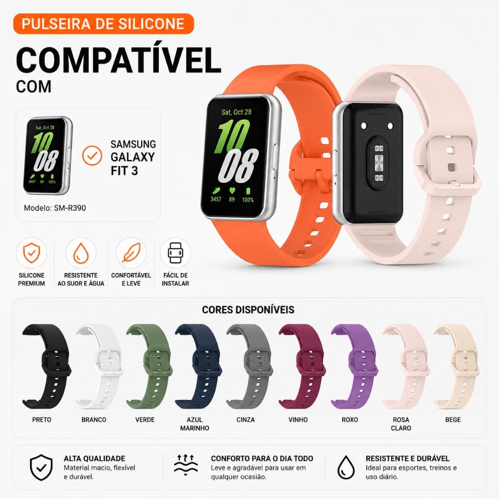 Pulseira para Samsung Galaxy Fit 3 Sm-R 390 Silicone Conector de metal Macia Ajustável e Durável