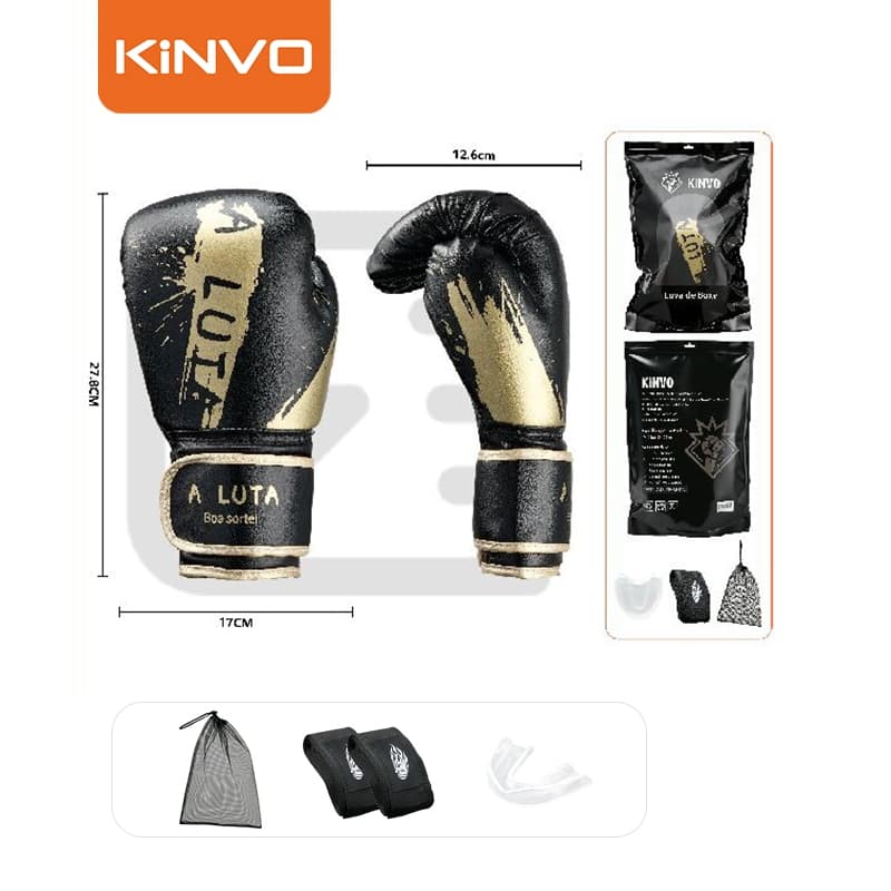 KINVO Luva de Boxe Muay Thai Kickboxing Profissional Academia + Bandagem 3 Metros + Bucal + Caixinha 10OZ 12OZ