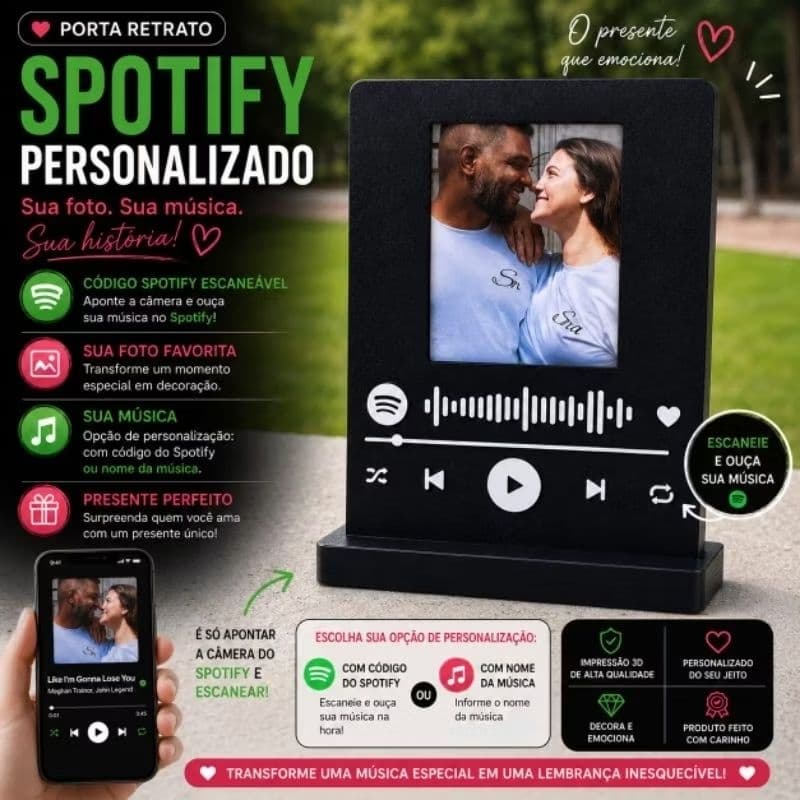 QUADRO SPOTIFY PERSONALIZADO COM FOTO E MÚSICA - PRESENTE ROMÂNTICO CRIATIVO CASAL DIA DOS NAMORADOS