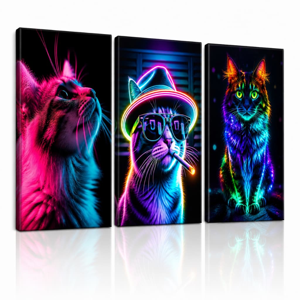 Kit 3 Quadros Decorativos Gatos Neon Coloridos Modernos Sala Quarto Gamer