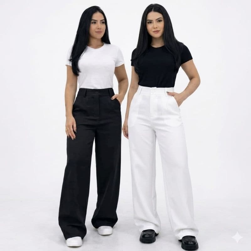 Calça Pantalona Feminina Alfaiataria Cintura Alta Com Botão Social Não Transparente P ao GG