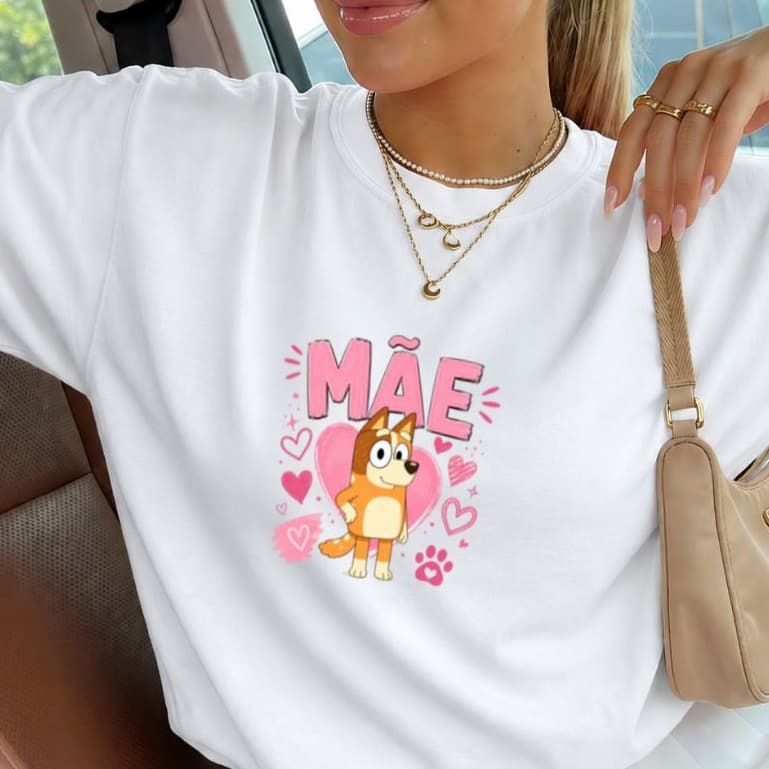 Camiseta Camisa Blusa Feminina 100%Algodão Bluey e Bingo, Mãe estilosa delicada Lançamento