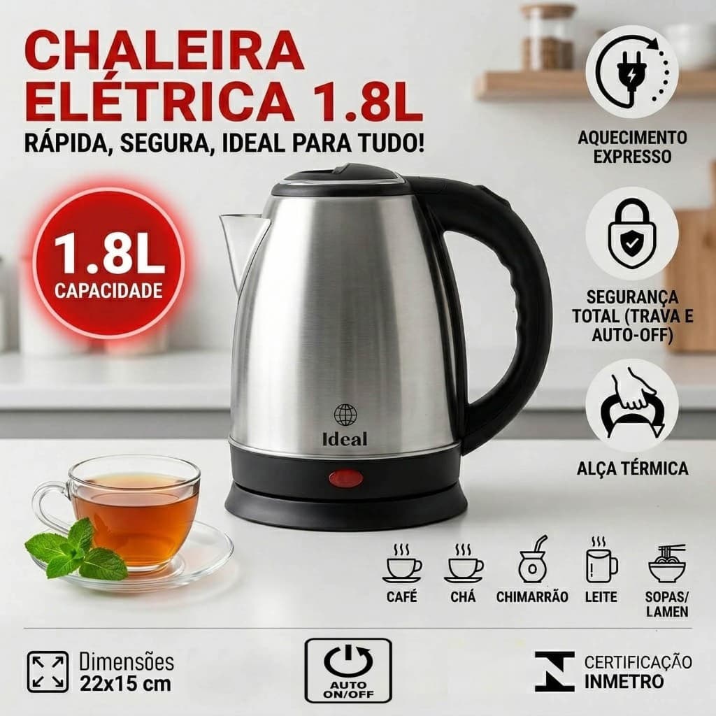 Chaleira Elétrica Jarra Aço Inox 1.8 Litros Desligamento Automático Base Giratória removível