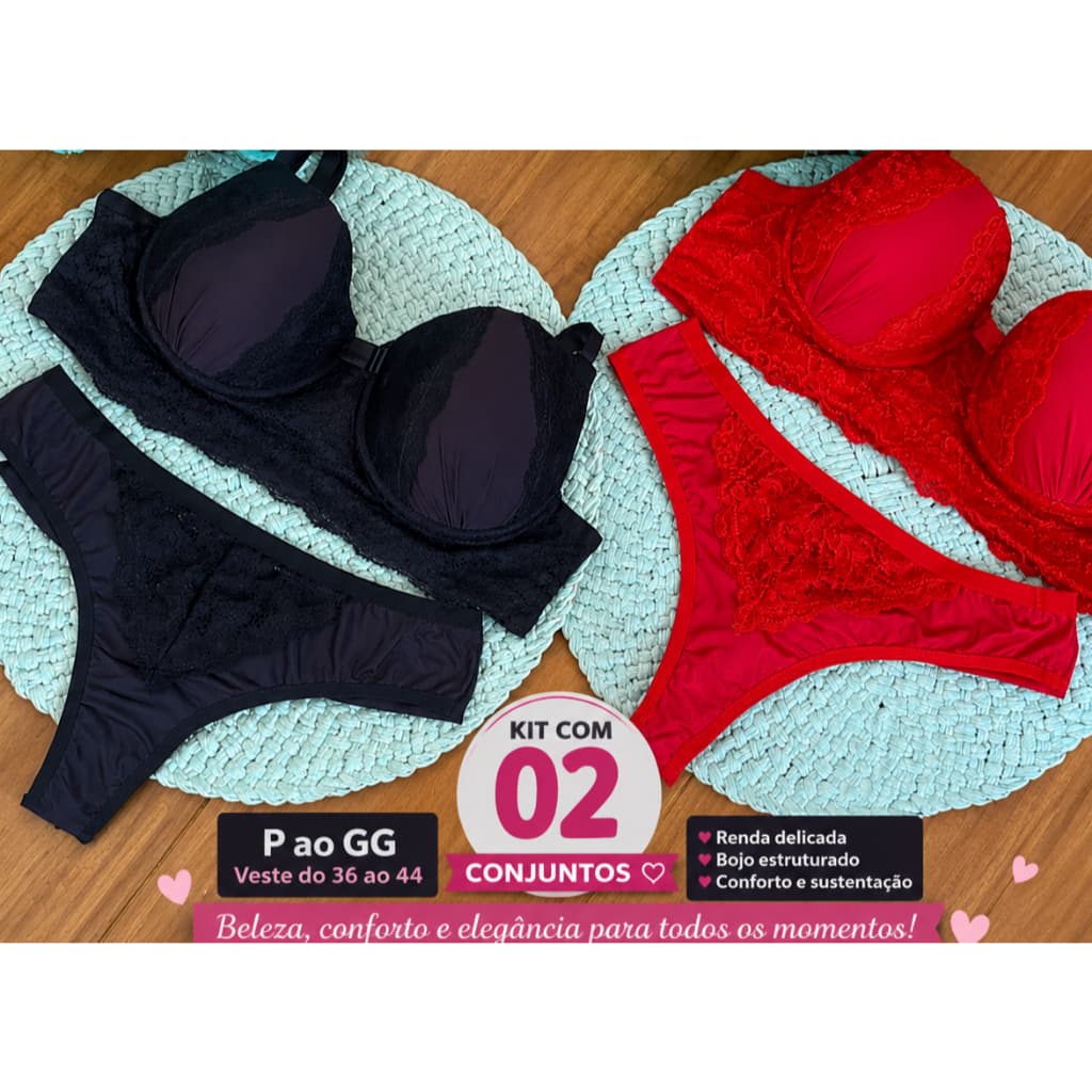 Kit com 02 Conjunto Sutiã em Renda com Bojo e Aro Reforçado Feminino Confortável P ao GG Cores Aleat