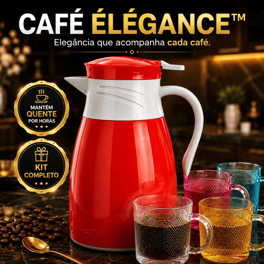 Garrafa Térmica 1 Litro Com 4 Canecas de Vidro Kit Café Chá Mantém Quente Vermelha