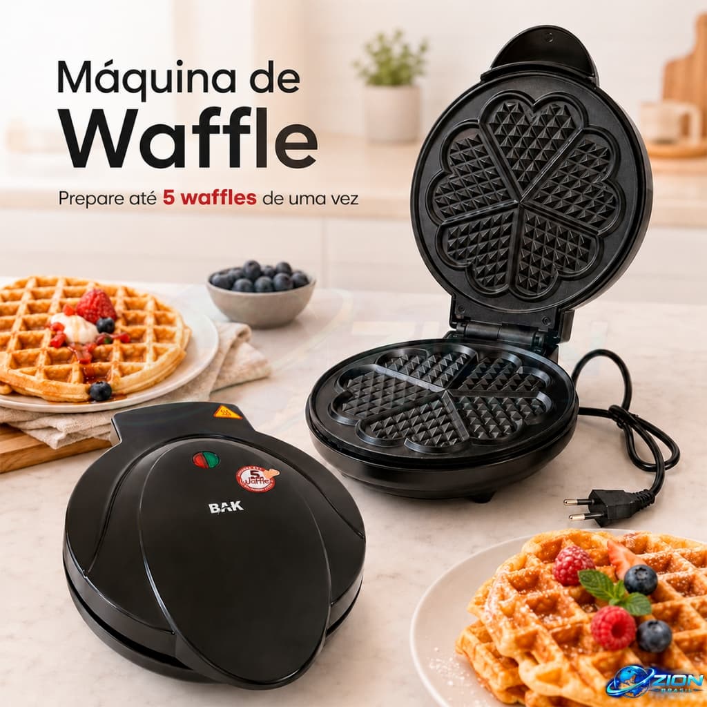 Máquina De Waffles Eletrica 110V 800W Waffleira BAK Preta 5 Formato Coração Lanche Doce Salgado