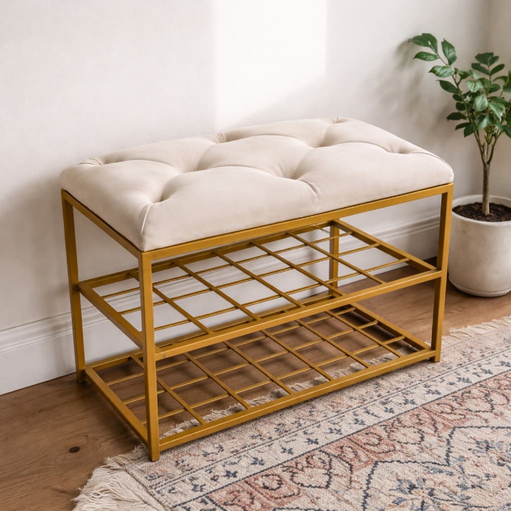 Sapateira com Banco Estofado Veludo Captonê Estrutura Metal Dourado 2 Andares 60x30x50 Móveis Quarto