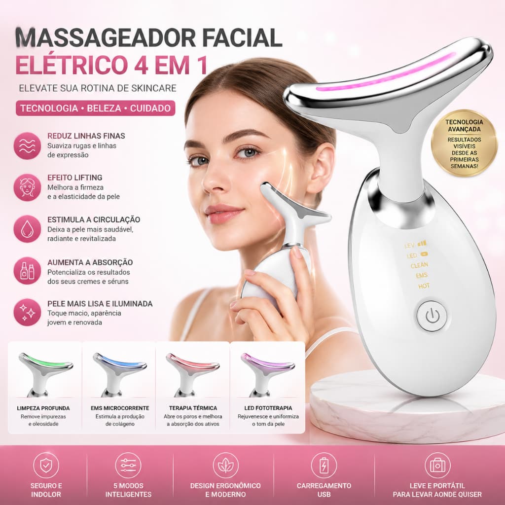 Massageador Facial Elétrico 4 em 1 EMS LED Rejuvenescimento Facial Lifting Anti Rugas USB