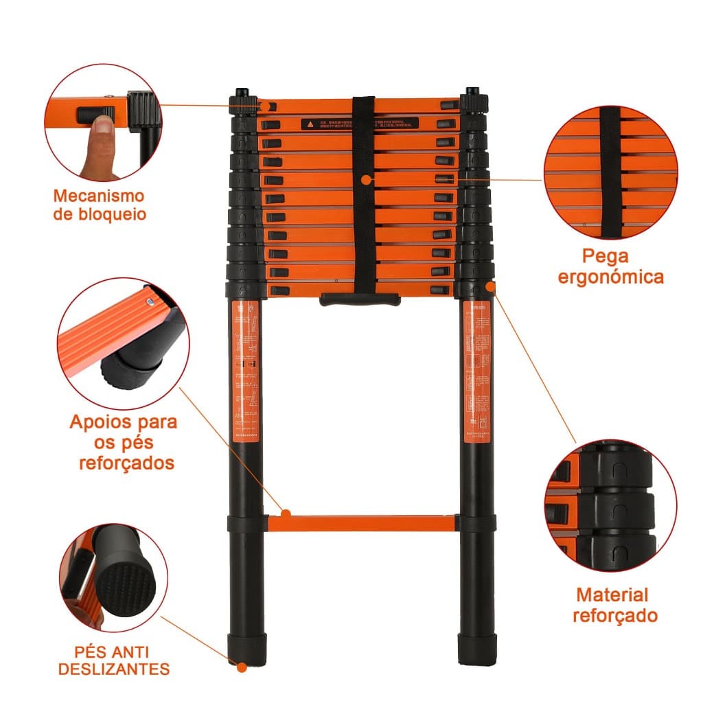 Escada Retrátil 4,2m-3,1m Degraus Aço Carbono, Pés Antiderrapantes Compacta para Armazenament