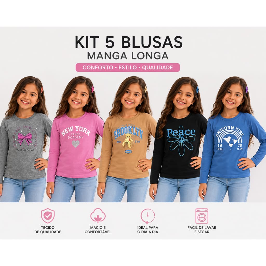 KIT 5 BLUSAS INFANTIS FEMININAS MANGA LONGA ESTAMPADAS INVERNO