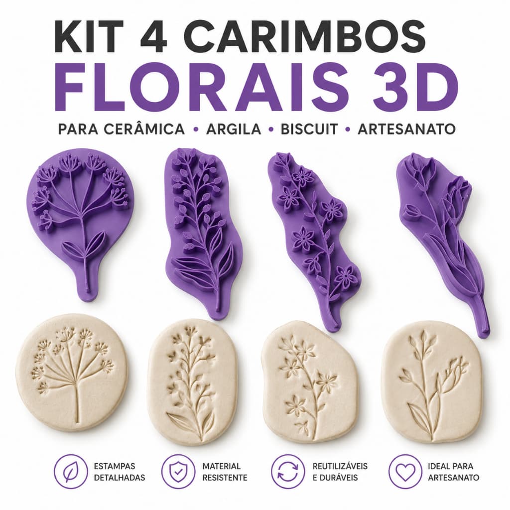 Kit 4 Carimbos Botânicos 3D para Argila Biscuit e Cerâmica | Flores e Folhagens para Artesanato