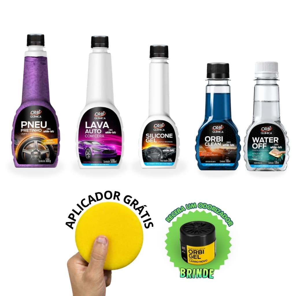 Kit Lava Carro Moto Orbi Química Completo Detergente Silicone Pretinho Cristalizador Limpa Vidros