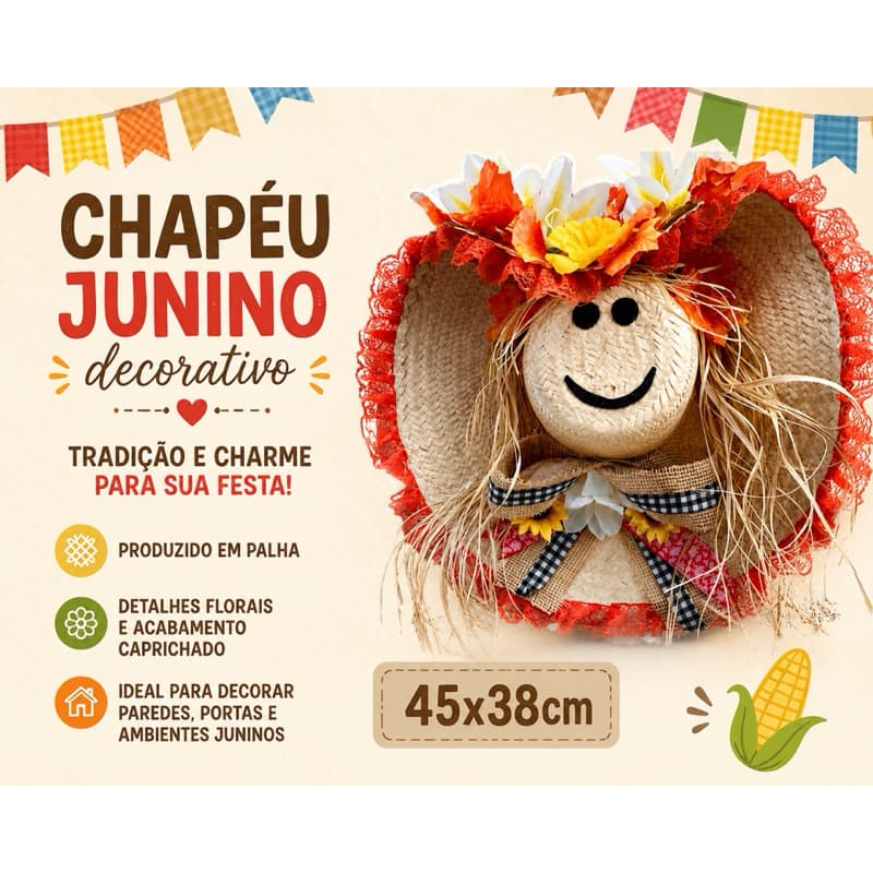 Chapéu Decorativo Junino | 45x38cm | Cenários E Banners | Festa Junina, São João, Arraial | Decoração, Enfeite De Parede