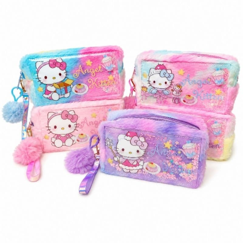 Estojo Pelúcia Kawaii Angel Kitten Feminino Escolar Necessaire Com Pompom