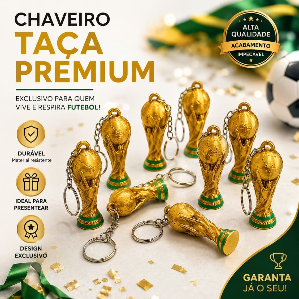 Chaveiro Taça Copa do Mundo Futebol Premium Presente Colecionável Dourado