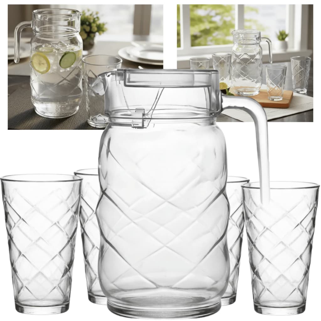 Jogo Refresco Vitrage Vidro 5 Peças Jarra 2L + Copos 480ml Servir Bebidas Suco Agua Refrigerante