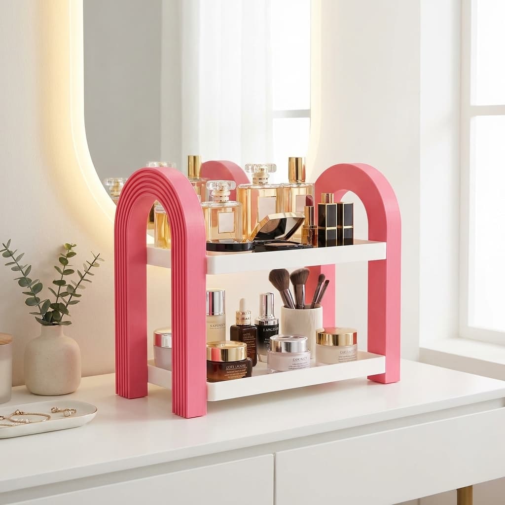 Organizador de Penteadeira 2 Andares Rosa e Branco Porta Maquiagem Perfumes Skincare Decorativo