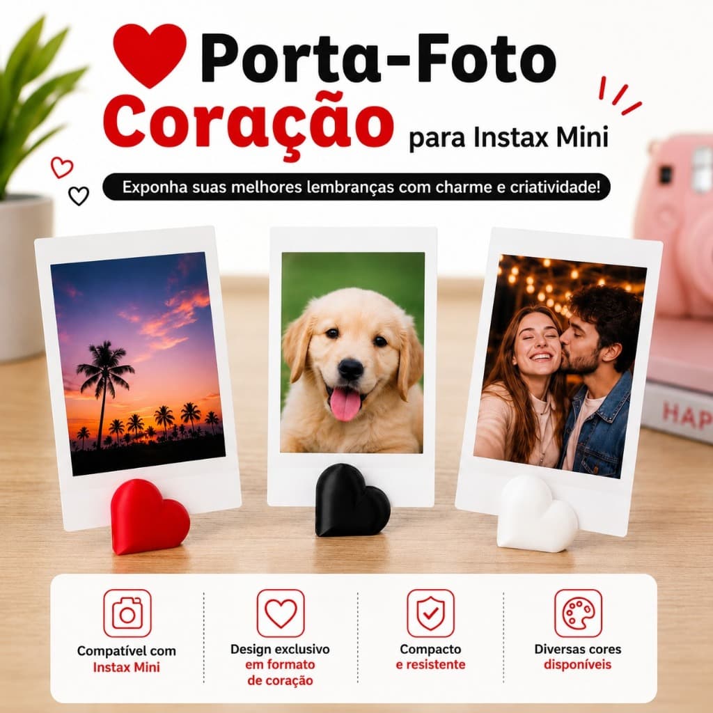 10 Porta Retrato Coração para Foto Polaroid Instax Cartão Mesa Decoração Festa Dia dos Namorados