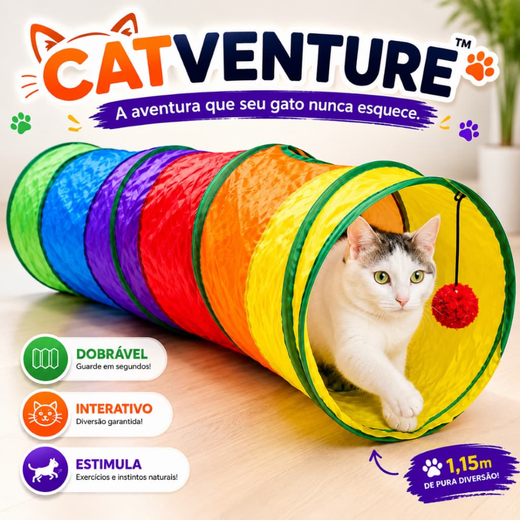 Túnel Interativo Para Gatos 1,15m Catventure Dobrável Com Bolinha Diversão Antiestresse Pet