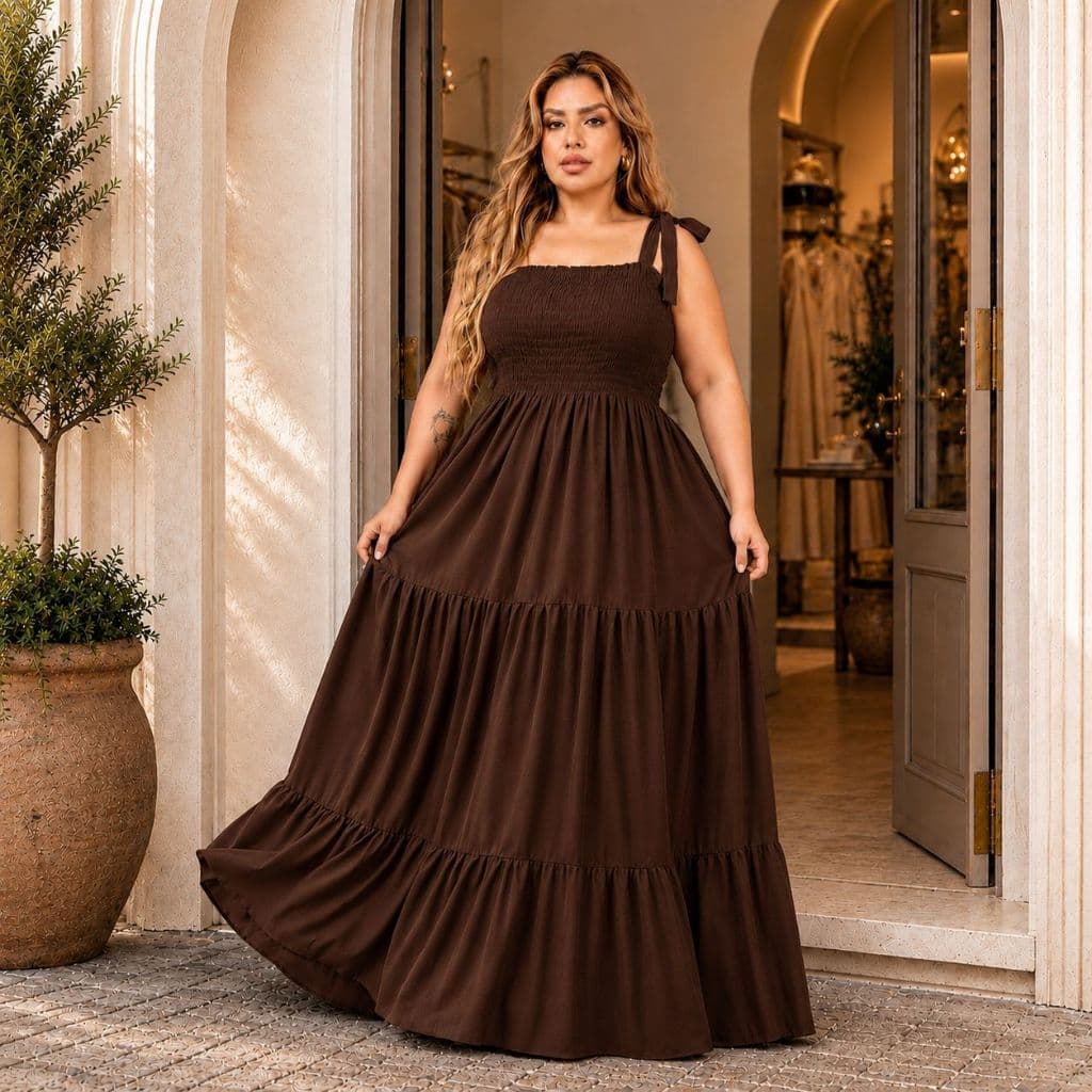 Vestido longo plus size alças de amarrar corpo lastex modelo três marias soltinho verão