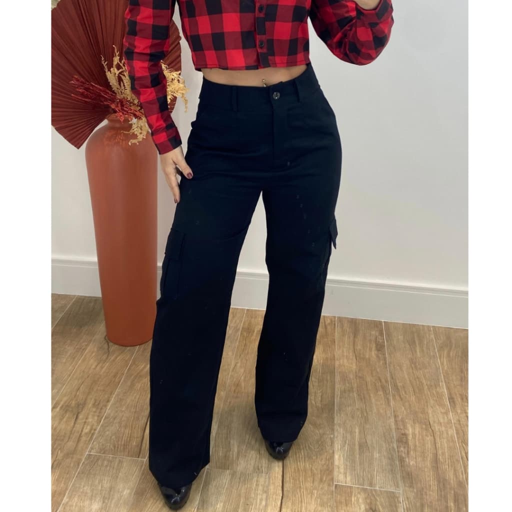 Calça Feminina Wide Leg Cargo Sarja Cintura Alta Pantalona 100% Algodão