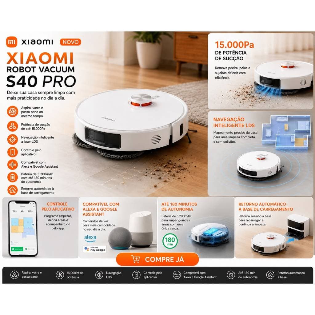 Robo Xiaomi Robot Vacuum S40 Pro OV71GL Robo Inteligente BIVOLT