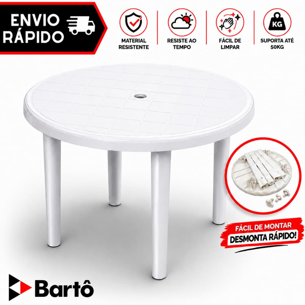 Mesa Plástico Redonda Desmontável Jardim Branca Dobravel
