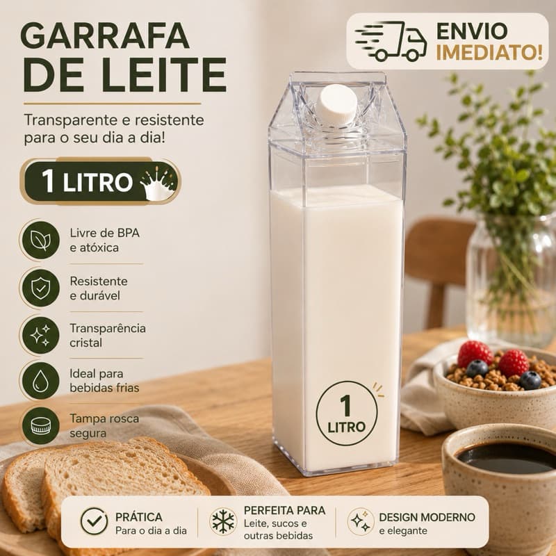 Garrafa Acrílica Caixa de Leite e Suco 1L/500ML Porta de Geladeira Resistente de Rosca