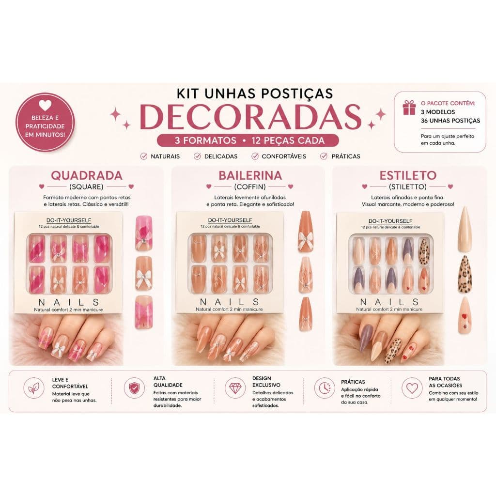 Kit Unhas Postiças Decoradas Sortidas Quadrada Bailarina Coffin e Estileto 12 Peças